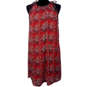 Blush Noir Women Sleeveless Halter Red Mini Dress White Blue Floral Print Size M